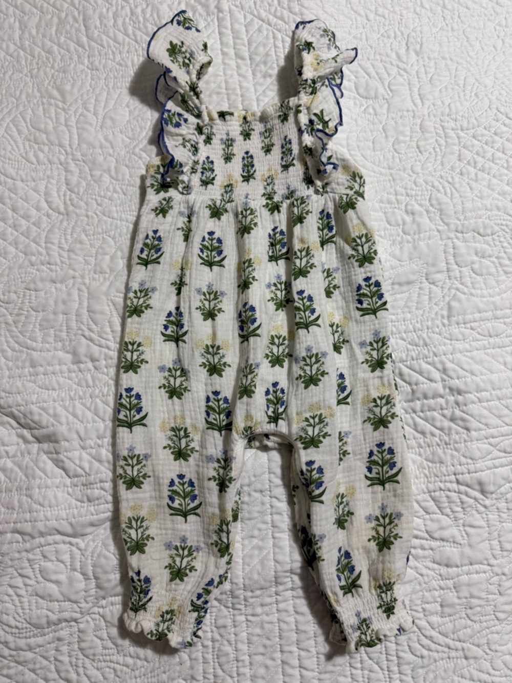 Mud Pie White Floral Smocked Romper with Green & Blue Print